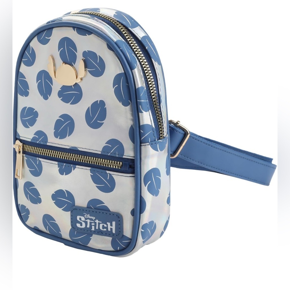 Lilo & Stitch Bioworld Leaves All Over Print Shiny Mini Sling Backpack NWT - Picture 2 of 7